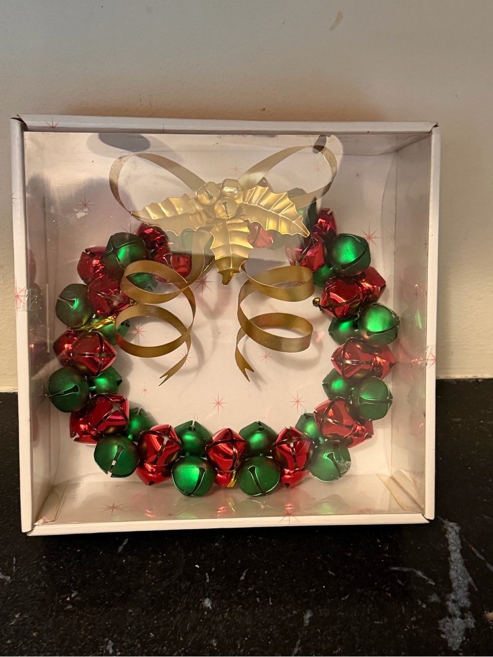 MERRY BRITE Christmas Jingle Bell Wreath Red & Green with Gold Bow Metal 8”